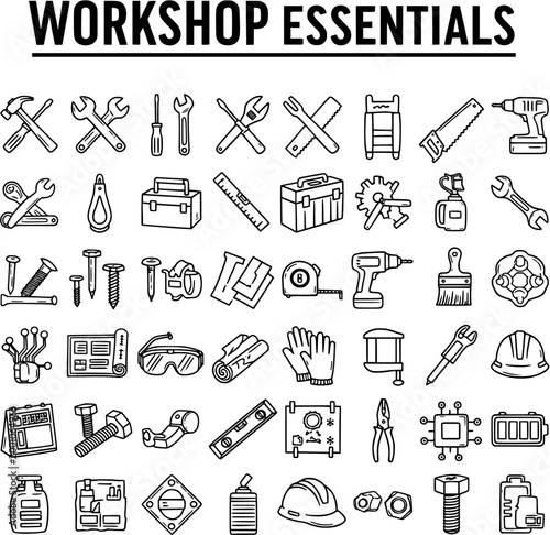 Workshop Essentials: Hand-Drawn Collection of Tools and Equipment Icons