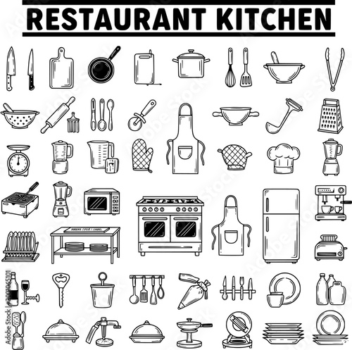 Restaurant Kitchen Tools and Appliances Line Art Icons Set. Cookware, Utensils, and Chef Apparel Collection for Commercial Food Preparation