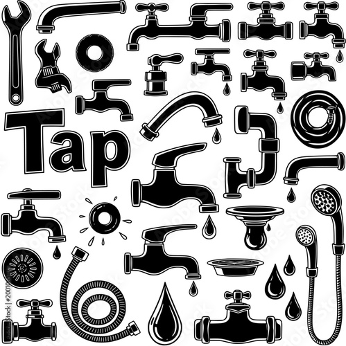 Black and white collection of plumbing elements: various water taps, pipes, wrenches, shower heads, water drops, drain, and hose, with the word 'Tap'.