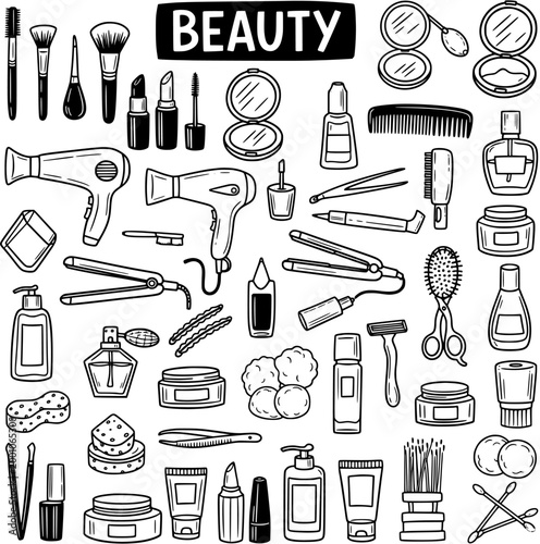 Beauty and Personal Care Doodle Line Art Collection. Hand-drawn vector set of cosmetic, makeup, hair styling, and skincare products and tools on white background.