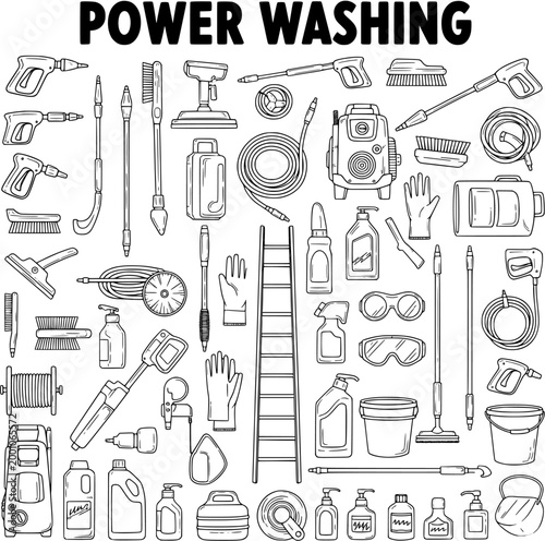 Hand-Drawn Doodle Collection of Power Washing Tools, Cleaning Equipment, and Detergents on White Background