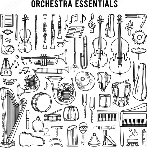 Hand-drawn collection of orchestra musical instruments and accessories, illustrating essential items for musicians in a detailed line art style.