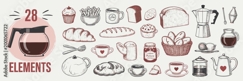 Hand-drawn collection of coffee, bread, pastries, and jam jars in a vintage style breakfast croissant