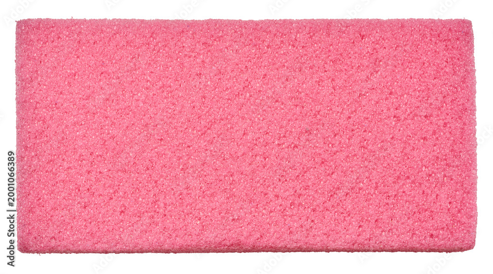 Fototapeta premium Pink rectangular pumice stone with a porous texture on an isolated background, designed for cosmetic care of the skin of the feet, removing dead skin cells