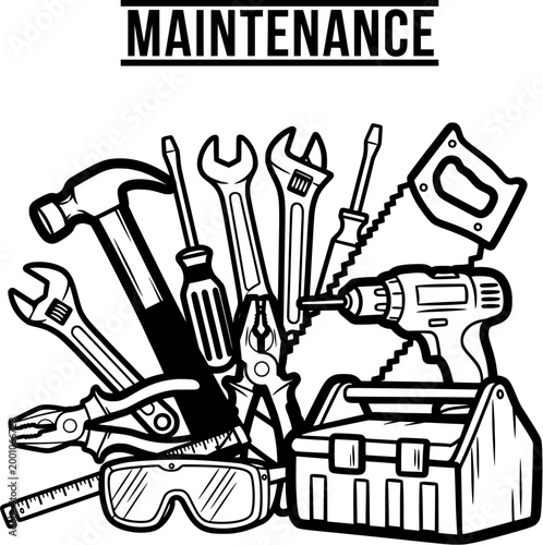Maintenance tools collection in black and white line art, featuring hammer, wrenches, screwdriver, drill, saw, pliers, toolbox, goggles, and ruler.