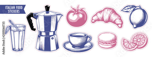 Hand-drawn italian food and drink stickers: coffee, croissant, lemon, tomato, macaron, and drink