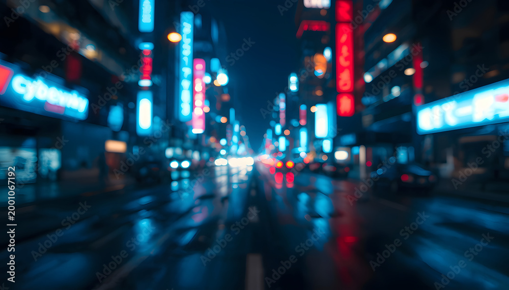 Obraz premium Blurred Cyberpunk City with Neon Lights Atmospheric Gaming Background