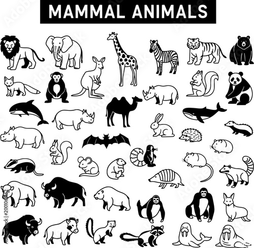 Detailed black and white line art collection of diverse mammal animals. Includes lion, elephant, giraffe, tiger, bear, fox, rhino, whale, monkey, and more.