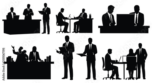 Business professionals silhouette collection diverse office scenes depicting work and collaboration