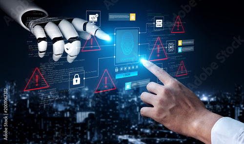 Foto A human hand reaches towards a robotic hand in a high-tech environment while data security elements and digital alerts are displayed, showcasing advanced technology and interaction