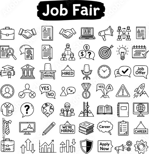 Job Fair and Career Development Black Line Icons Set. Collection of Outline Symbols for Employment, Hiring, Business, Recruitment, and Professional Growth.