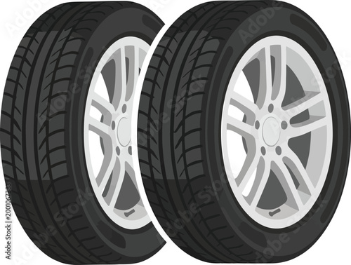 Two black car tires with white rims and detailed tread pattern