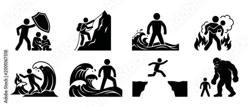 Hero Action Icons Set, Silhouette Figures Facing Challenges, Dangers and Adventure Concepts for Infographics, Risk Management, Rescue Missions and Overcoming Obstacles, Black and White Vector Symbols