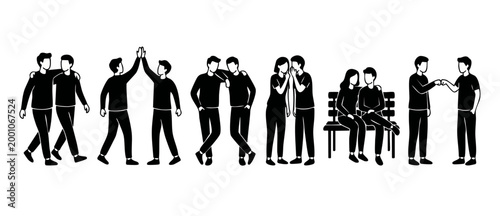 People interacting set, friends friendship activities, black and white icon collection, diverse social behavior, partnership, collaboration, teamwork, communication, trust, support, unity, community f