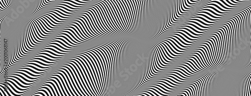 Lenticular wave swirly with art hypnotic wavy and stripe black pattern. Op illusion optical with white psychedelic line and floor banner minimal. Vibration energy diagonal with circles.