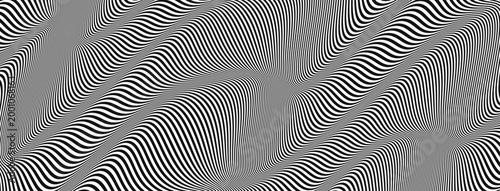Swirly line lenticular and wavy black pattern with stripe illusion art. Op psychedelic optical and wave hypnotic white with sound technology zigzag. Opt horizontal distorted and ellipse.