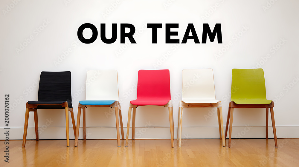 Obraz premium Vibrant Empty Chairs Lined Up Against a White Wall with Text Indicating a Team Gathering or Professional Introduction Concept