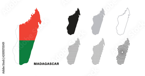 Set of isolated madagascar maps. madagascar flag overlaid with flag proportions. Maps and traveling around the world