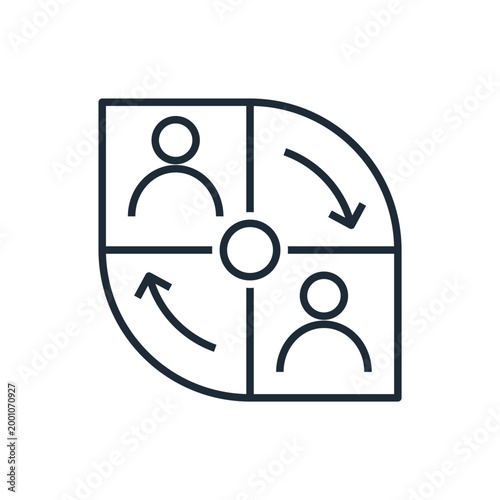 People and arrows symbolize interaction, communication, and management. Mutual interest and influence. Vector linear icon isolated on white background.