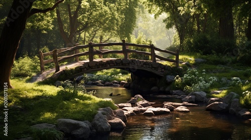 A photo of a small bridge over a creek