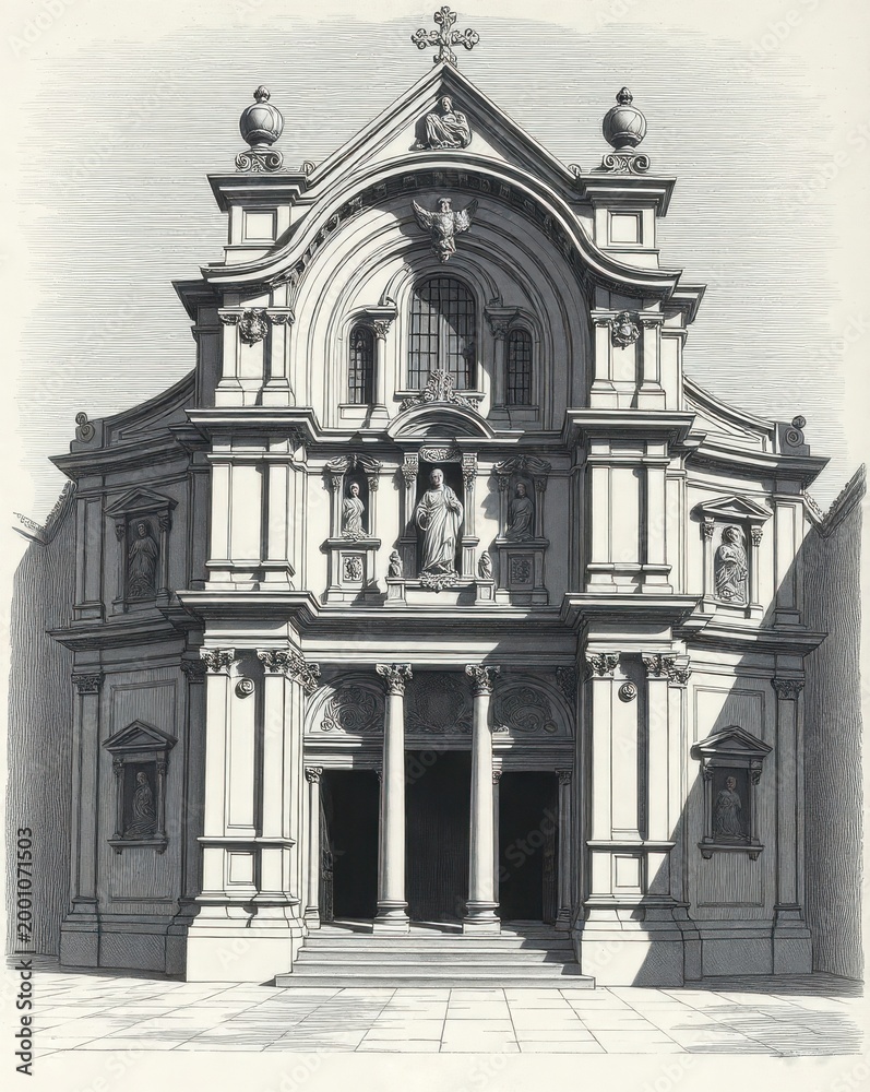 Obraz premium Renaissance church front with Corinthian portal, saintly niches, and triangular pediment