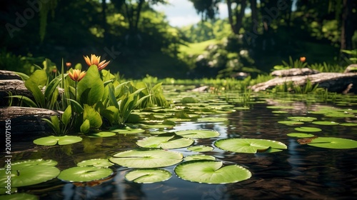 A photo of a small pond with lily pads.