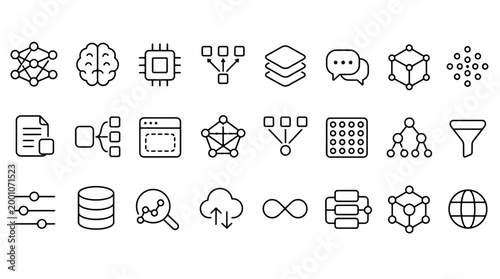 Schilderij op canvas LLM Large Language Model GPT Transformer Icons - 24 AI Technology Vector Icons