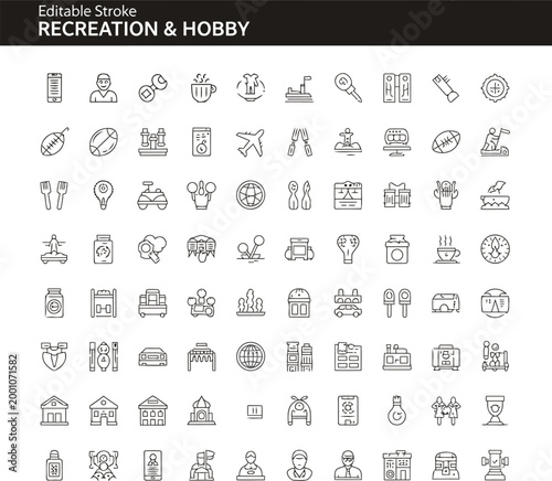 Extensive vector line icons depicting recreational activities, hobbies, and leisure pursuits, with editable strokes for versatile graphic design