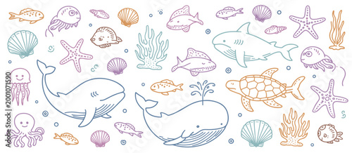 Whimsical hand-drawn ocean life pattern with whales, sharks, turtles, fish, jellyfish, and starfish in pastel colors