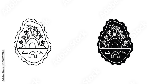Tropical island scene icons line art and solid black silhouette for vacation