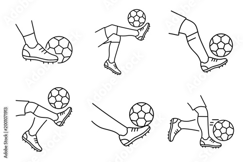 Dynamic illustration showcasing six distinct soccer ball juggling techniques with detailed footwork and ball control sequences