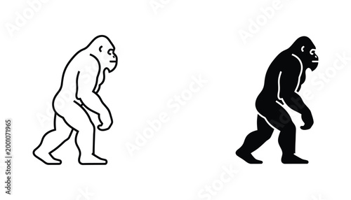 Bigfoot or ape icon line art and solid black silhouette for mystery and myth