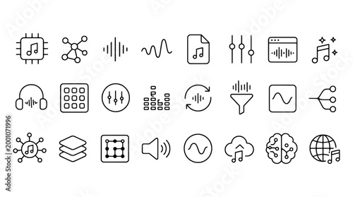Ai Music Audio Generation Synthesis Icons - 24 UI Vector Icons for Web and Mobile