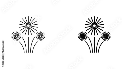 Fireworks display icons line art and solid black silhouette for celebration