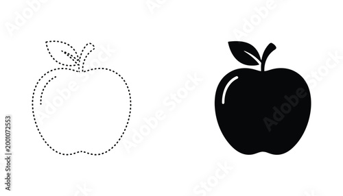 Apple icon dotted outline and solid black silhouette for fruit and healthy eating