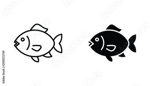 Simple cartoon fish outline and solid silhouette vector illustration isolated on white background