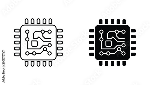 Microchip icon outline and solid black version representing technology and computing vector graphic