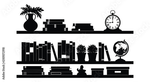 Black silhouette of bookshelves filled with objects and plants minimalist design