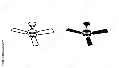Black and white vector icons of a ceiling fan with three blades on white background