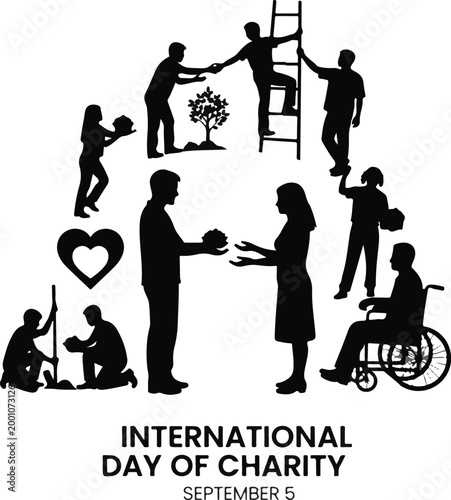 International Day of Charity Concept with Diverse People Silhouettes Helping and Giving