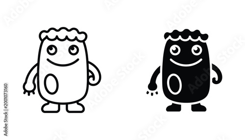Cute cartoon monster outline and silhouette vector character isolated on white background