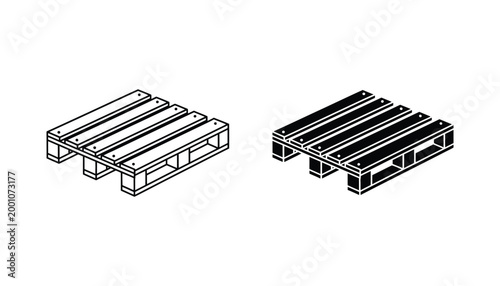 Wooden pallet outline and solid silhouette isometric vector graphic isolated on white