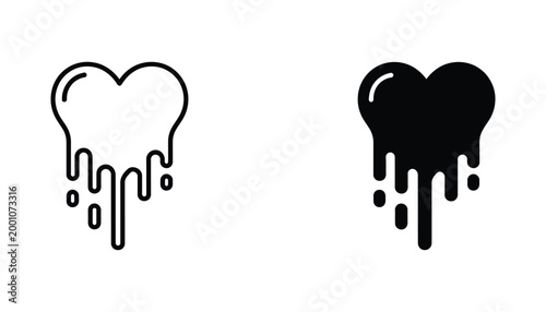 Melting heart outline and solid silhouette vector graphic isolated on white background