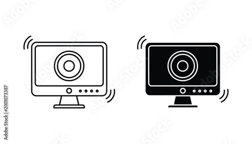 Black and white vector icons of a computer monitor with speaker symbol on white background
