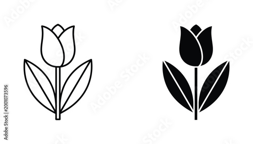 Black and white vector icons of a tulip flower on white background