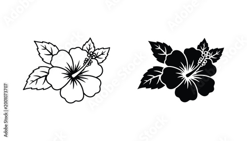 Hibiscus flower botanical vector icon set in outline and solid styles for tropical and summer design