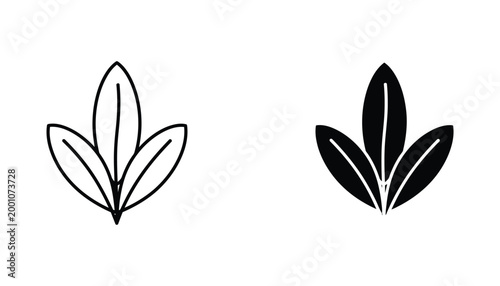 Black and white vector icons of three leaves on white background