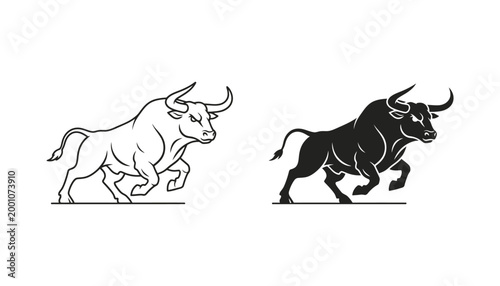 Powerful bull charging forward outline and solid black silhouette vector illustration representing strength and finance
