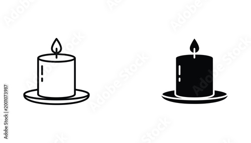 Burning candle icon set with flame in outline and solid styles for spa and relaxation concepts