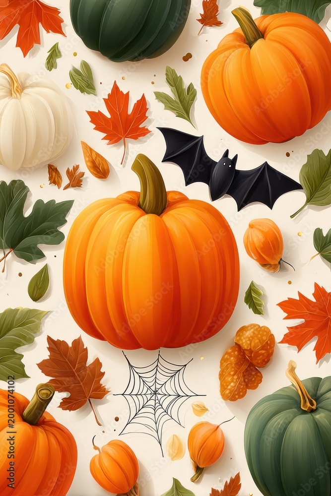 Fototapeta premium Autumn pumpkins and bats with fall leaves and spider web for Halloween harvest design